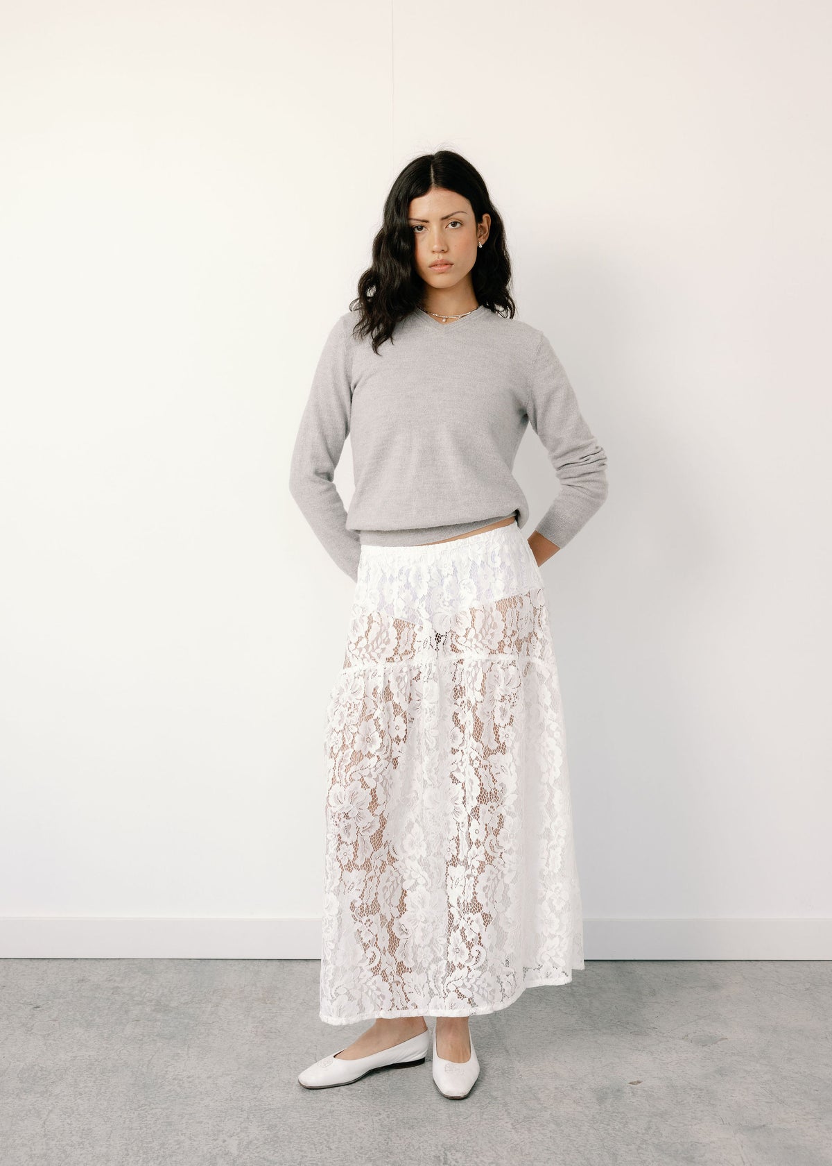 A Bronze Age Field Skirt in Lace, Midi Length Elastic Waist | Made in Canada-Skirts-Ivory Lanai Lace-XS-abronzeage.com