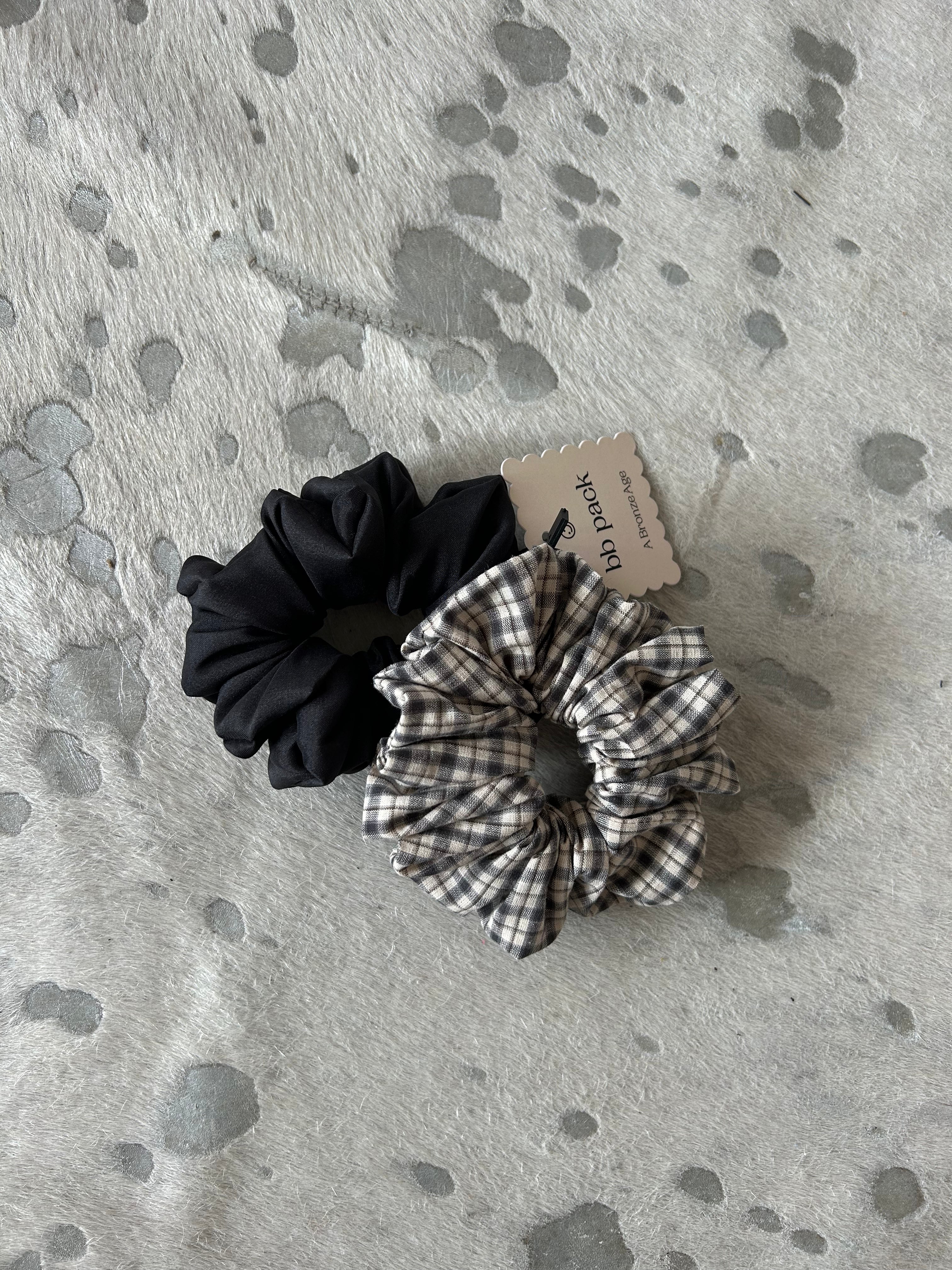 BB Scrunchie Pack | Set of 2 Scrunchies Made in Canada | A Bronze Age-Hair-Sandy Plaid/Black Taffeta-abronzeage.com