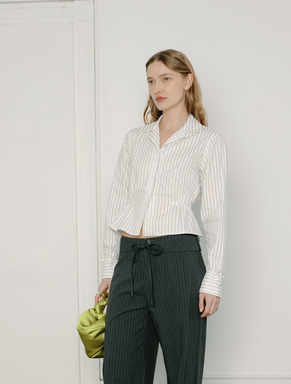 Marilyn Top | Cropped Button Down Shirt, Made in Canada | A Bronze Age-Tops-Dove Stripe-XS-abronzeage.com