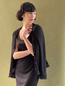 A Bronze Age Bijoux Cardigan, Fitted V-Neck Cardigan w/ Ruffle, Canada-Tops-abronzeage.com