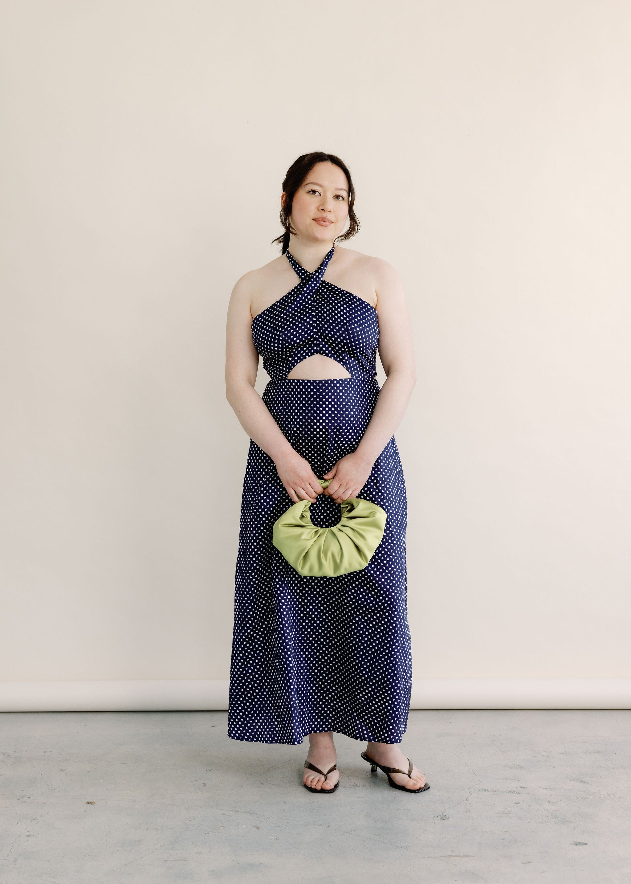 A Bronze Age Naya Dress, Midi Length Halter Tie | Made in Canada-Dresses-Navy Polkadot-XS-abronzeage.com