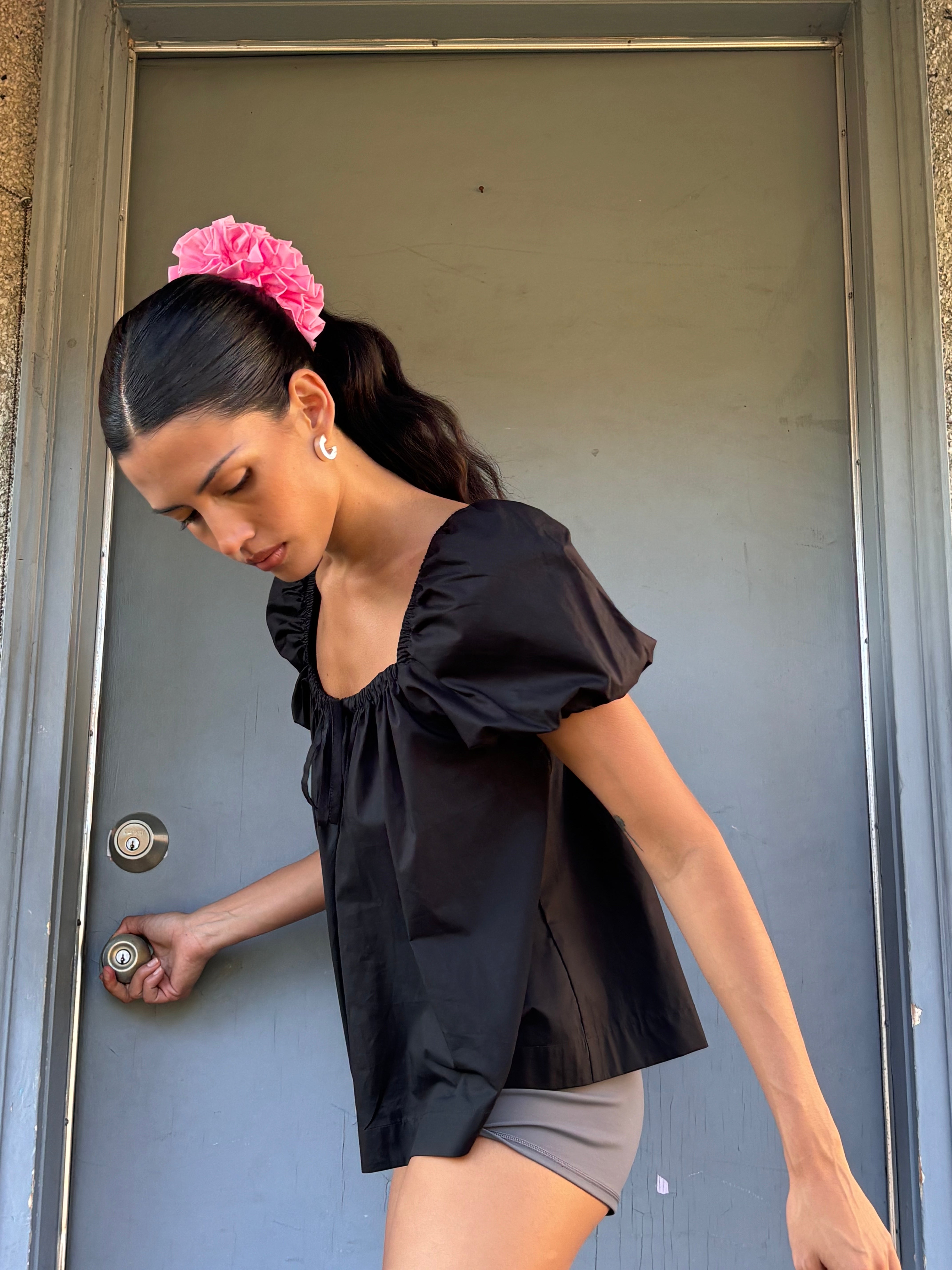 Demure Square Neckline Elasticated Puff Sleeves Cotton Blouse | Made in Canada-Tops-abronzeage.com