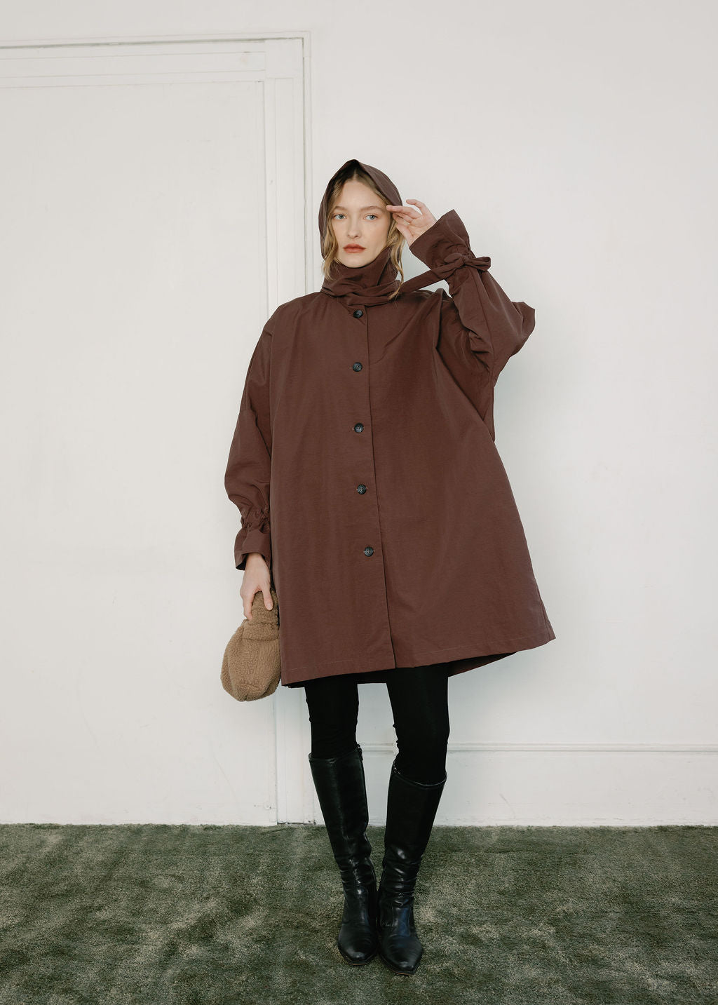 A Bronze Age Judy Rain Jacket, Oversized Hooded Raincoat, Canada-Jackets and Vests-Chocolate Nylon-1-abronzeage.com