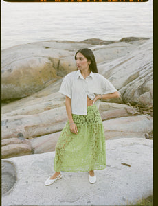 A Bronze Age Field Skirt in Lace, Midi Length Elastic Waist, Made in Canada-Skirts-Lime Lanai Lace-XS-abronzeage.com