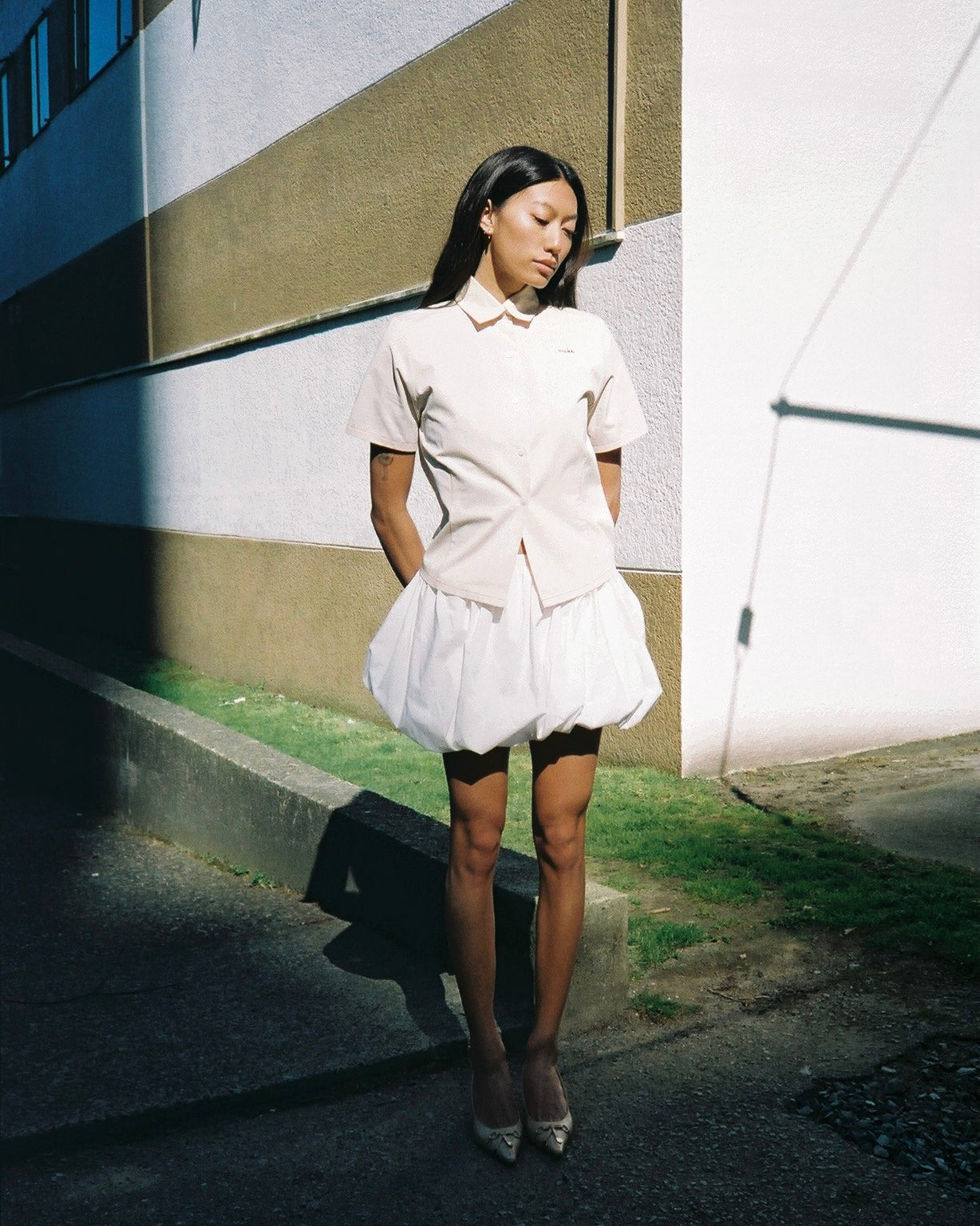 A Bronze Age Spade Skirt, Elasticated Balloon Mini Skirt with Gathers | Made in Canada-Skirts-White Poplin-XS-abronzeage.com