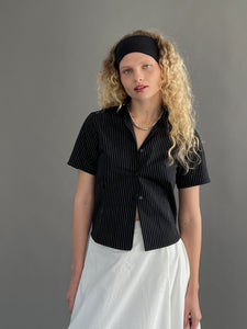 A Bronze Age Mary Top, Fitted Button-Up Blouse | Handcrafted in Vancouver Canada-Tops-Black Pencil Stripe-XS-abronzeage.com