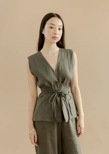 A Bronze Age Nico Vest, Lined Wrap Vest with Ties-Tops-Charcoal Linen-XS-abronzeage.com