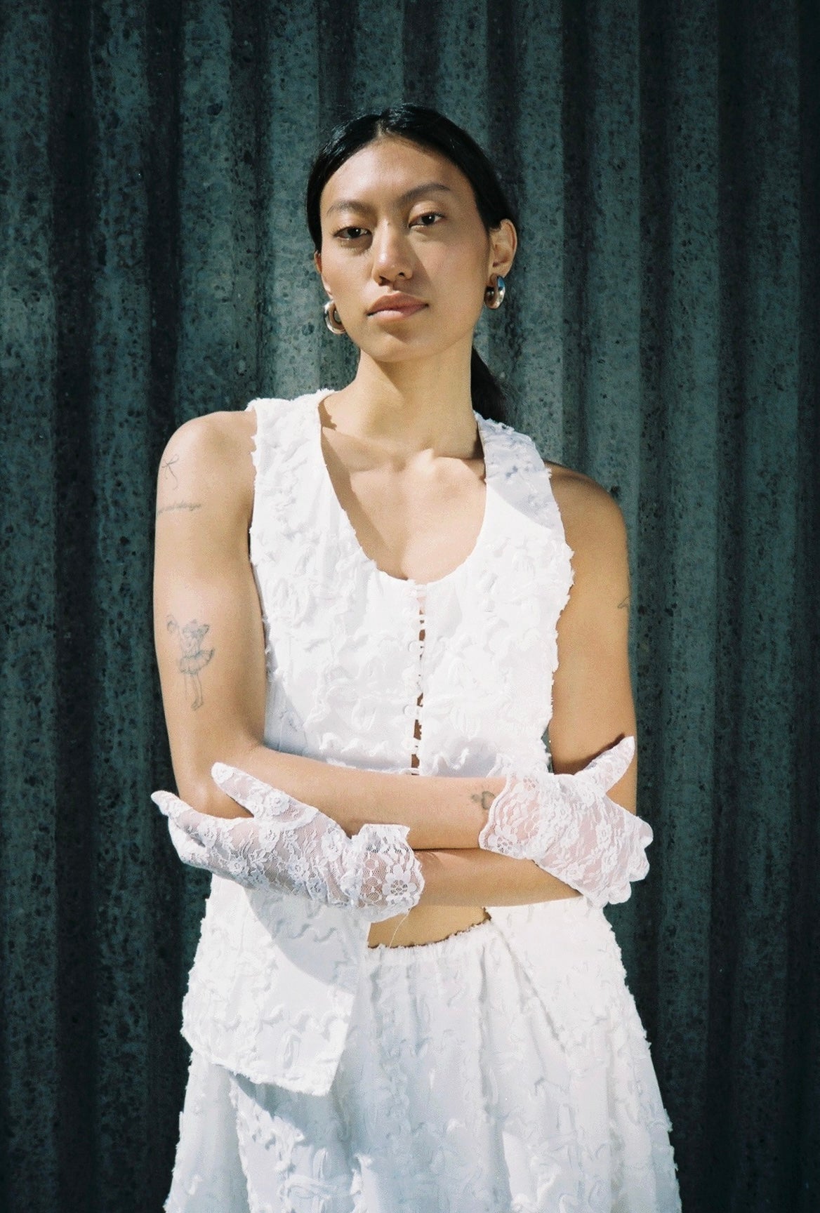 A Bronze Age Oasis Vest, Scoop Neck Vest with Princess Seams & Loop Buttons | Handcrafted in Vancouver Canada-Tops-White Wiggle-XS-abronzeage.com