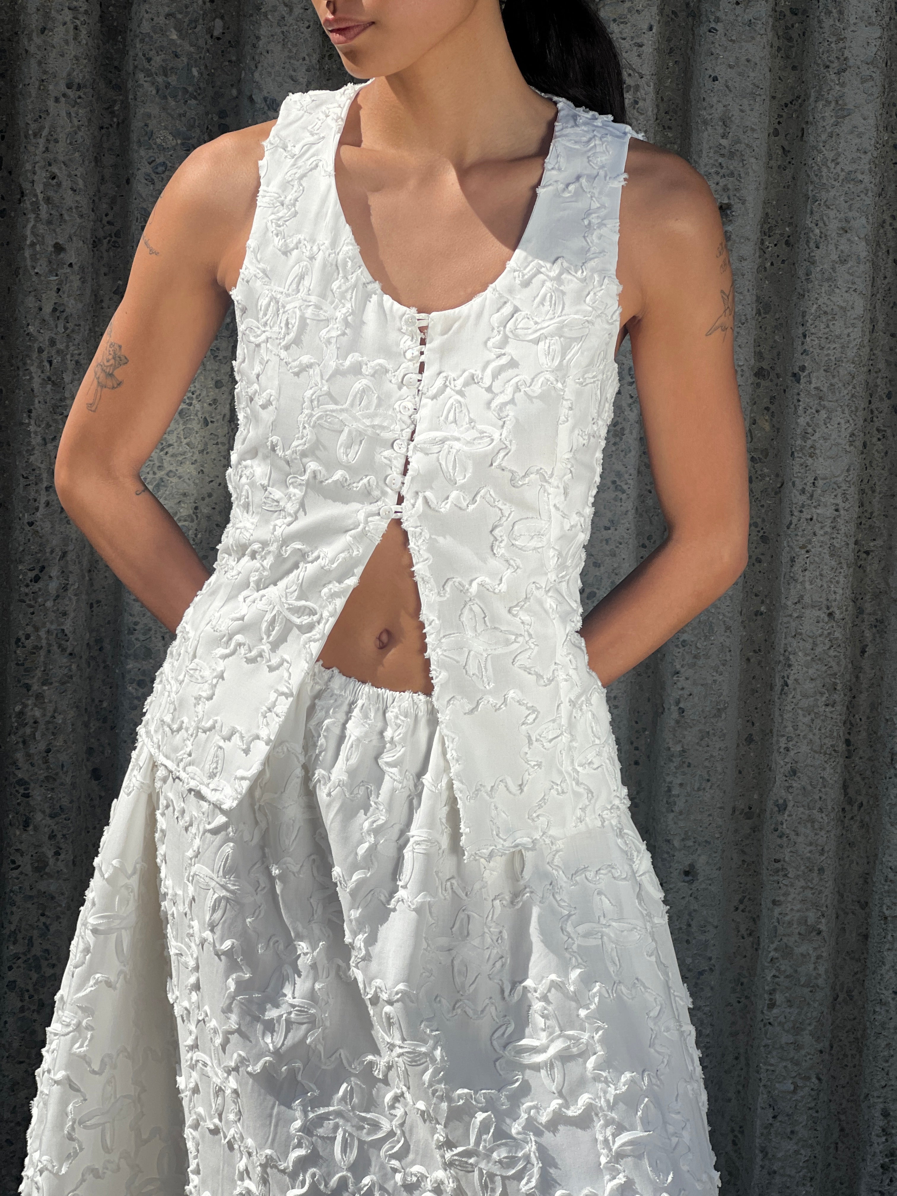 A Bronze Age Oasis Vest, Scoop Neck Vest with Princess Seams & Loop Buttons | Handcrafted in Vancouver Canada-Tops-abronzeage.com