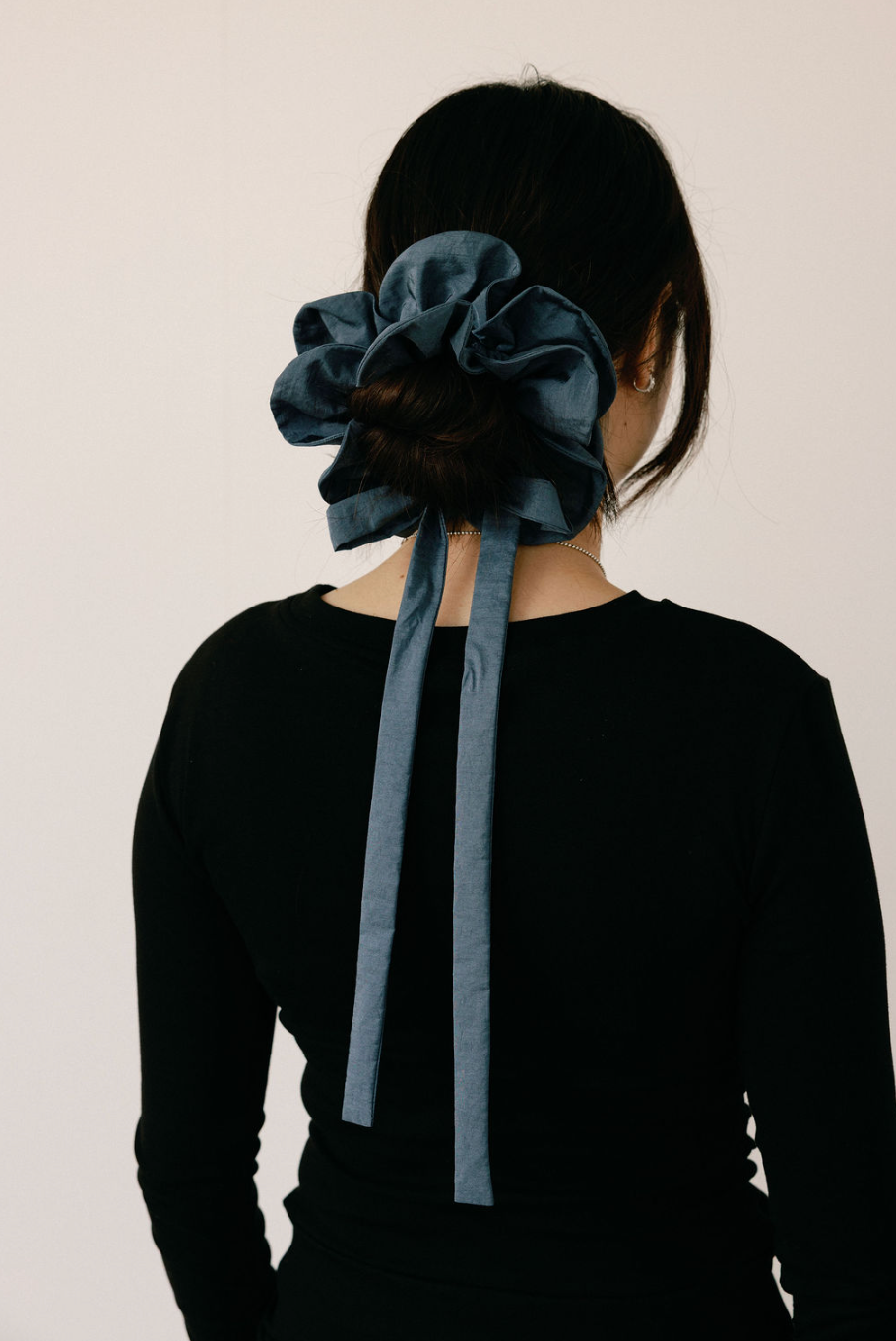 Ophelia Bow | Ruffled Scrunchie with Adjustable Ties | A Bronze Age-Hair-Slate Taffeta-abronzeage.com