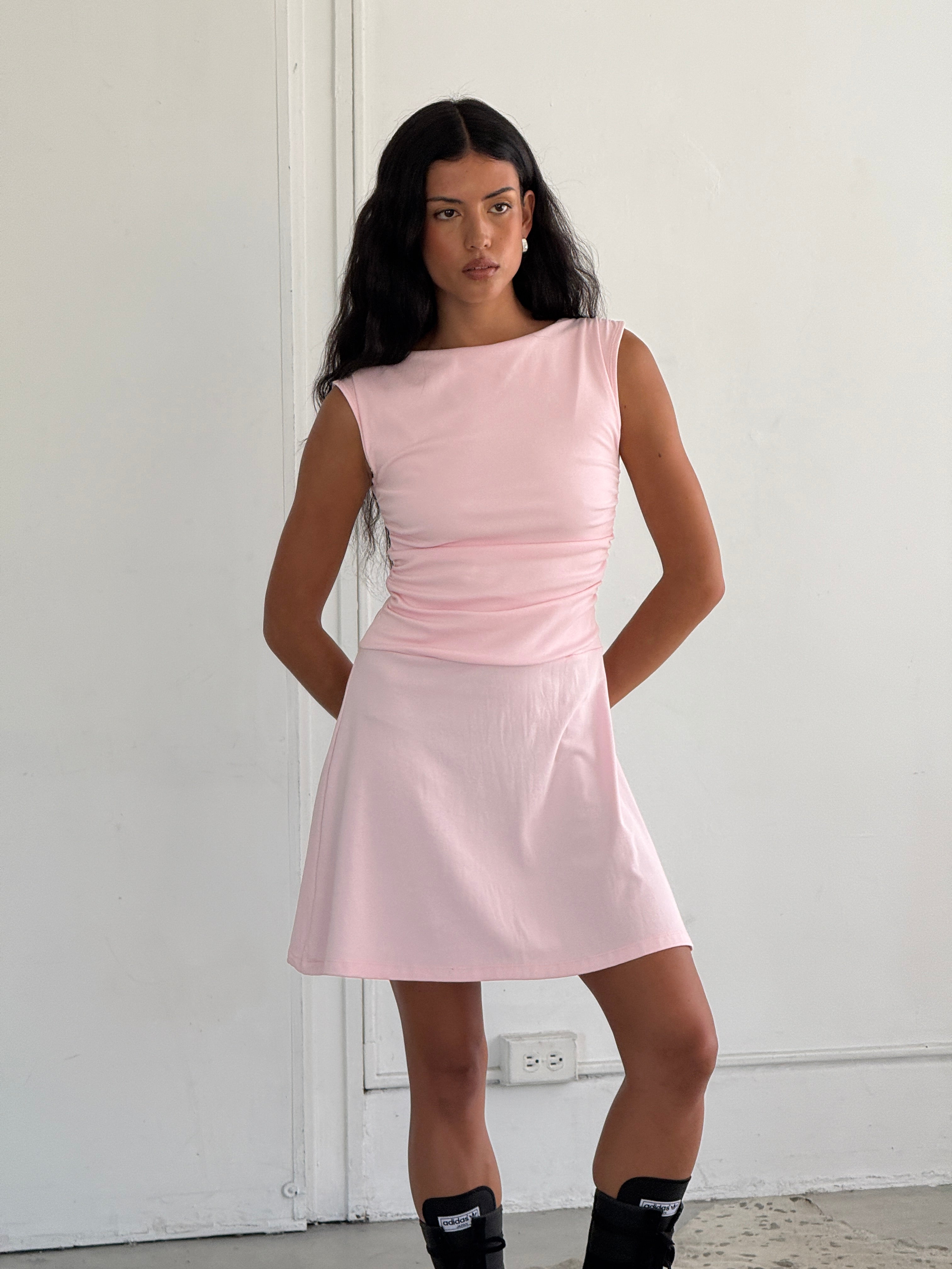 Gwen Side Ruched Sleeveless Cotton-Jersey Dress | Made in Canada-Dresses-Rosie Pink-XS-abronzeage.com