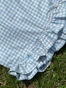 A Bronze Age Croquet Picnic Blanket, Ruffle Trimmed | Handcrafted in Vancouver Canada-Blankets-Sky Blue Gingham-abronzeage.com