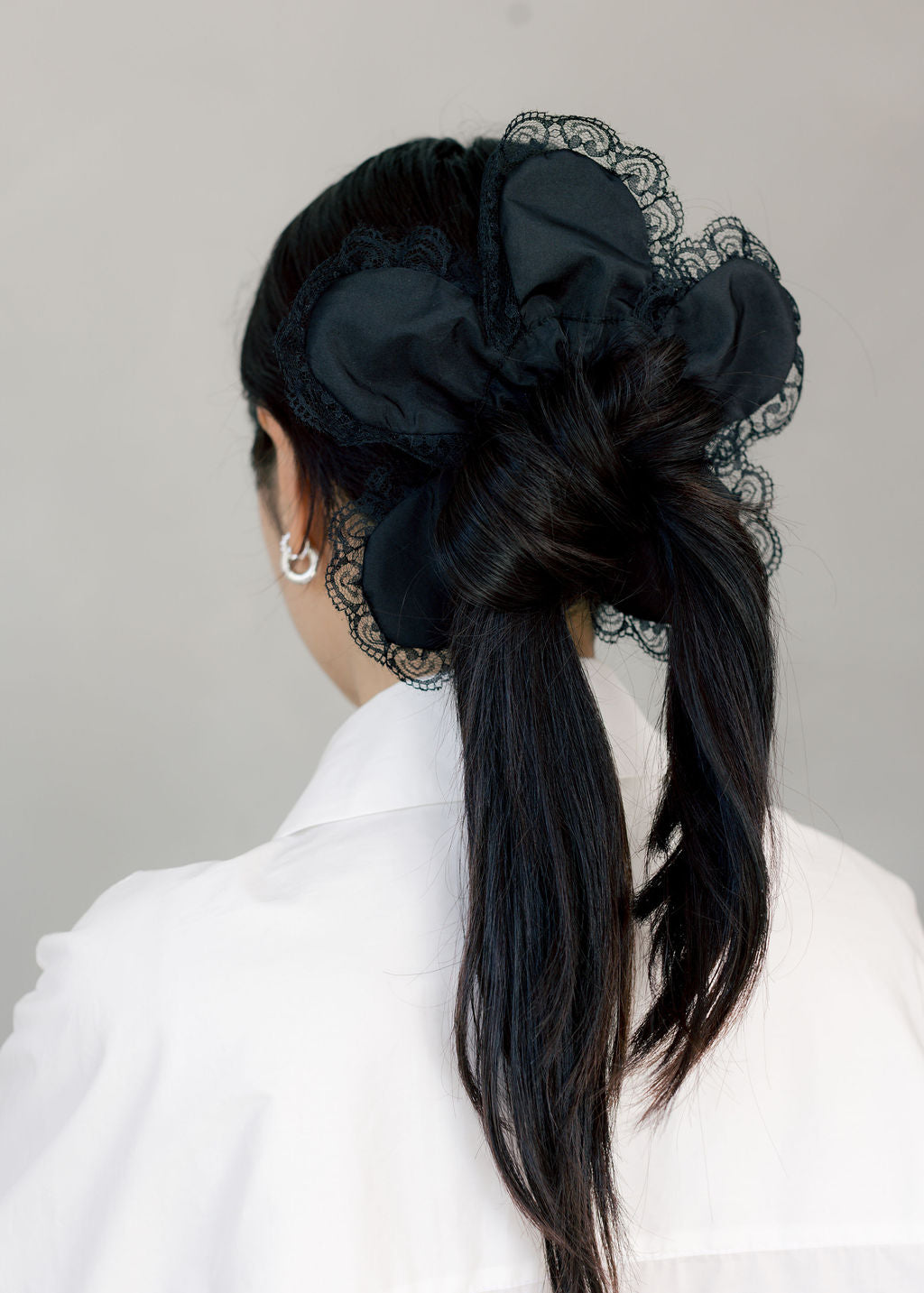 A Bronze Age Daisy Hair Scrunchie, Eyelet Trim Scrunchie | Made in Canada-Hair-Black Taffeta-abronzeage.com