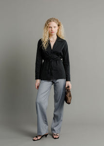 A Bronze Age Revel Wrap Top, Cotton Tie Shirt Blouse, Canada-Tops-Black Pencil Stripe-XS-abronzeage.com