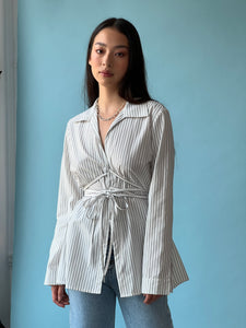 A Bronze Age Revel Wrap Top, Cotton Tie Shirt Blouse, Canada-Tops-Pencil Stripe-XS-abronzeage.com