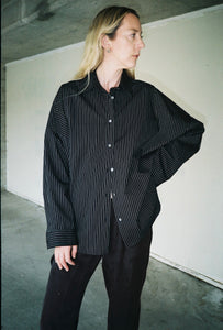 A Bronze Age Robbie Oversized Button-Up Shirt, Cotton Shirt, Canada-Tops-Black Pencil Stripe-XS-abronzeage.com