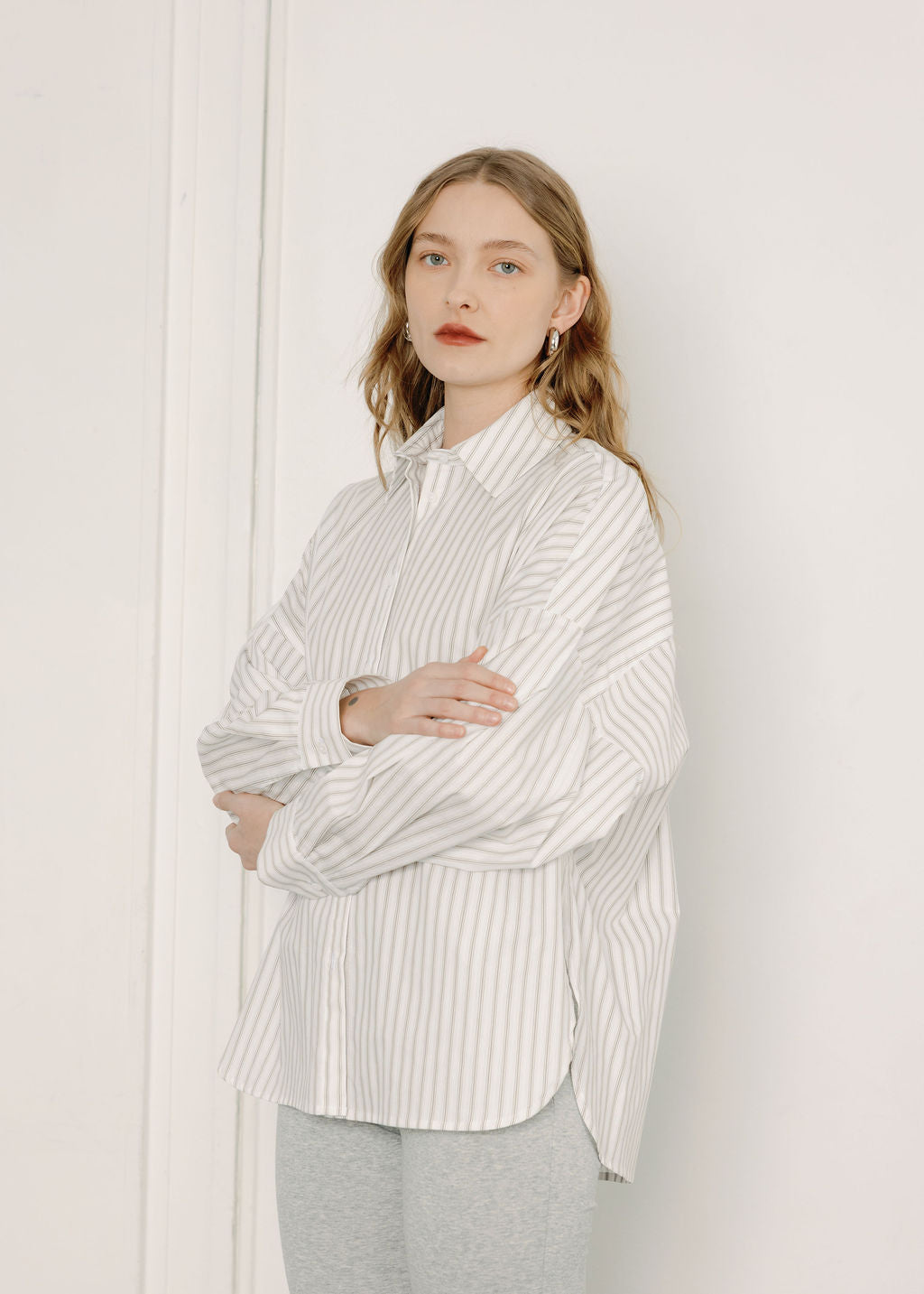 A Bronze Age Robbie Oversized Button-Up Shirt, Cotton Shirt, Canada-Tops-Dove Stripe-XS-abronzeage.com