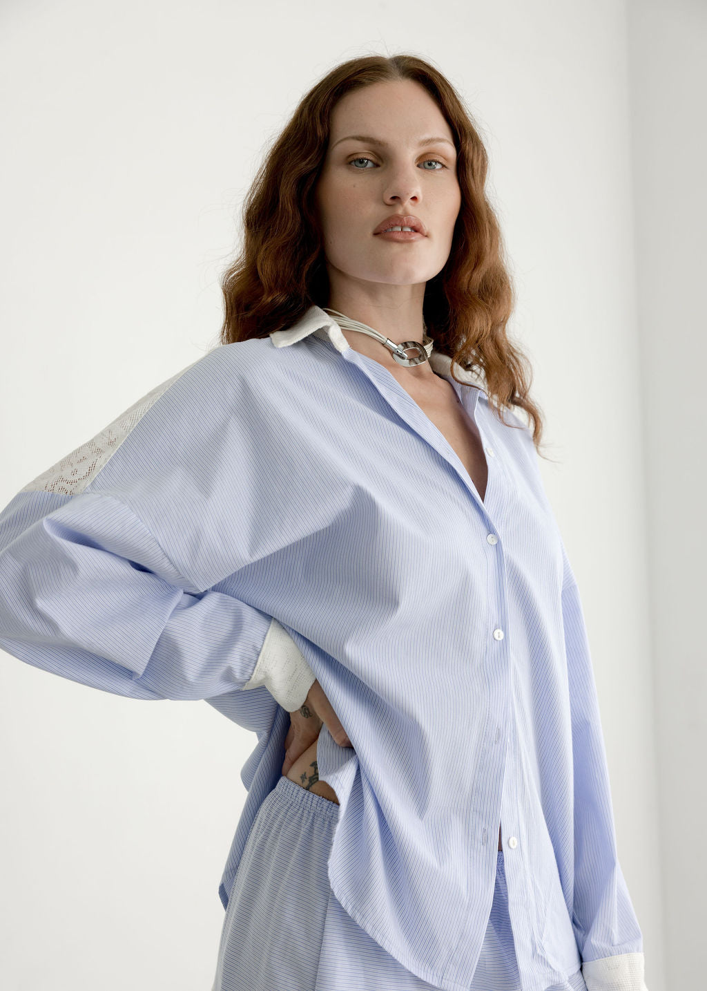 A Bronze Age Robbie Oversized Button-Up Shirt, Cotton Shirt, Canada-Tops-Micro stripe/Tabitha Lace-XS-abronzeage.com