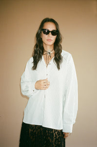A Bronze Age Robbie Shirt, Cotton Oversized Button-Up Shirt | Made in Canada-Tops-White Pencil Stripe-XS-abronzeage.com