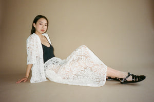 A Bronze Age Field Skirt in Lace, Midi Length Elastic Waist, Made in Canada-Skirts-Ivory Lanai Lace-XS-abronzeage.com