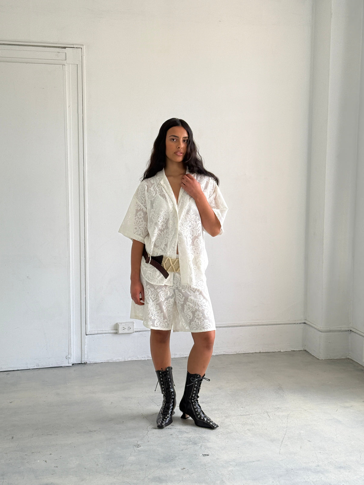 A Bronze Age Lace Romeo Button Down Shirt, Short Sleeve Top, Canada-Tops-abronzeage.com