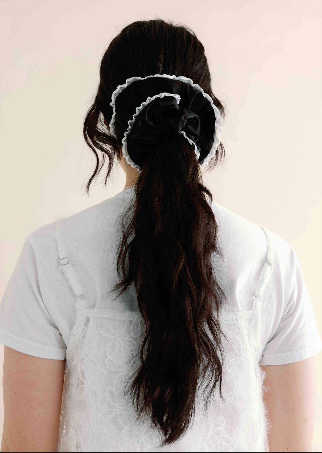 A Bronze Age Doily Scrunchie, Classic Oversized Scrunchie | Made in Canada -Hair-Black Taffeta with White Trim-OS-abronzeage.com