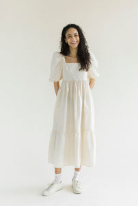 A Bronze Age Serenity Puff Dress, Short Sleeve Cotton Midi, Canada-Dresses-Parchment-XS-abronzeage.com