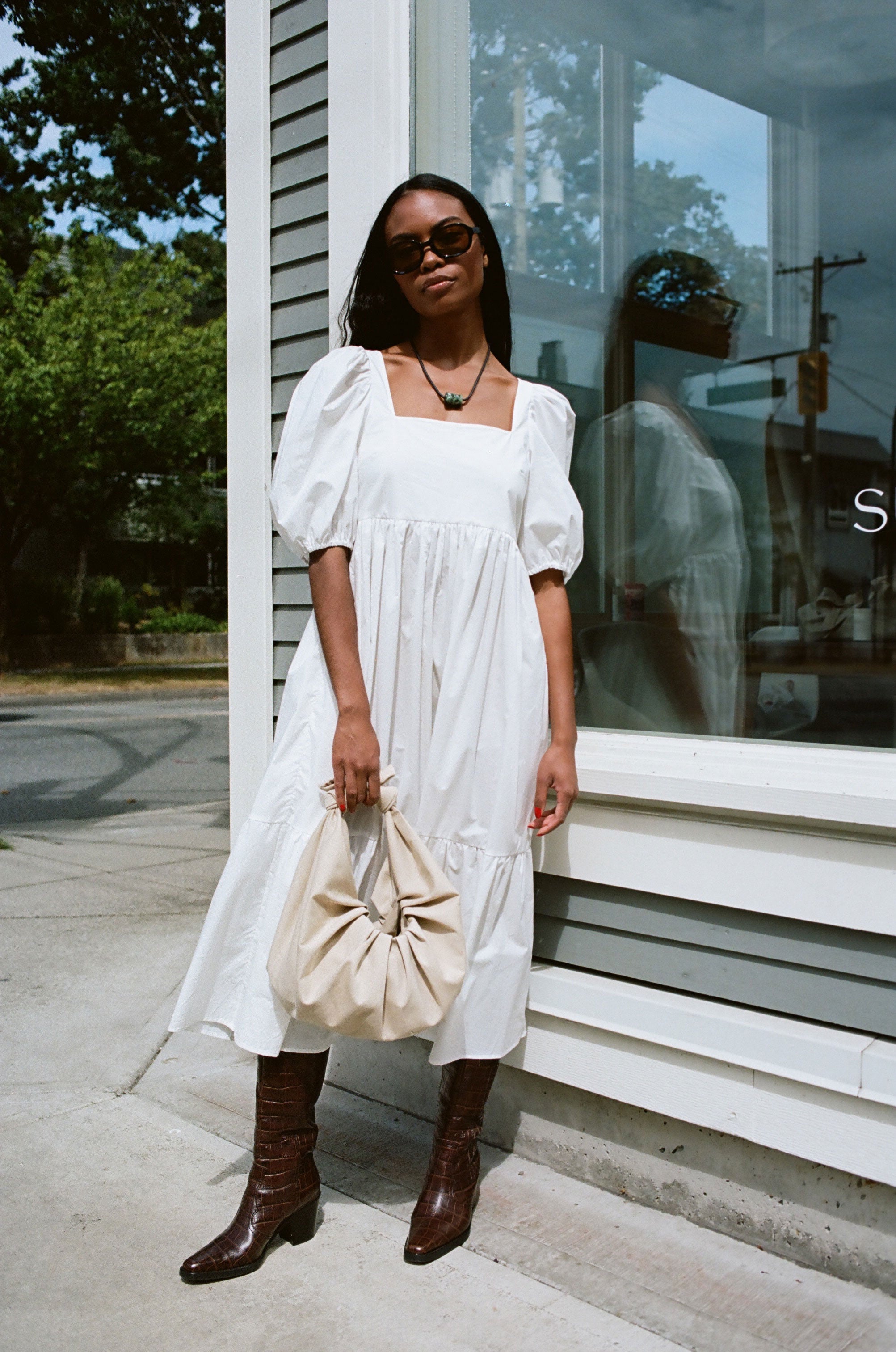 A Bronze Age Serenity Puff Dress, Short Sleeve Cotton Midi, Canada-Dresses-White-XS-abronzeage.com