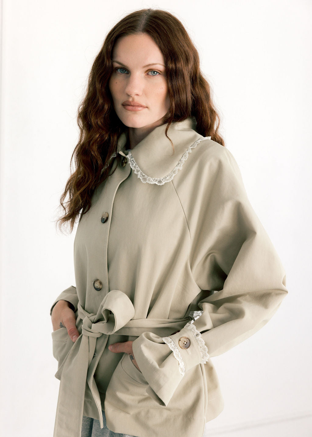 Stockholm Water-Resistant Cropped Trench with Lace Trim - Made in Canada-Jackets and Vests-abronzeage.com