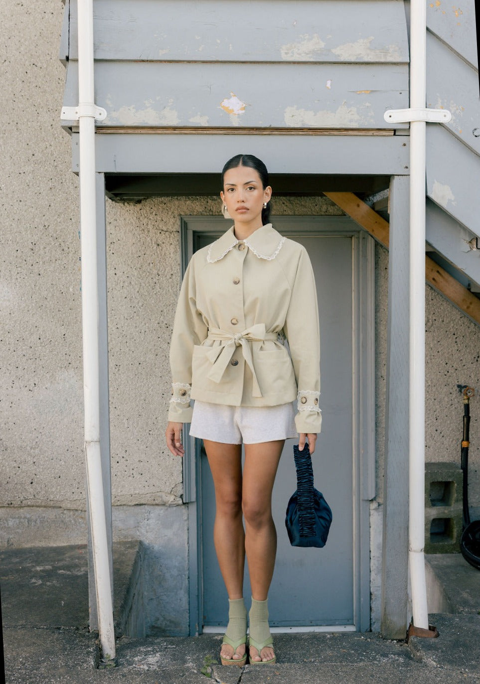 Stockholm Water-Resistant Cropped Trench with Lace Trim - Made in Canada-Jackets and Vests-Khaki Twill-XS-abronzeage.com