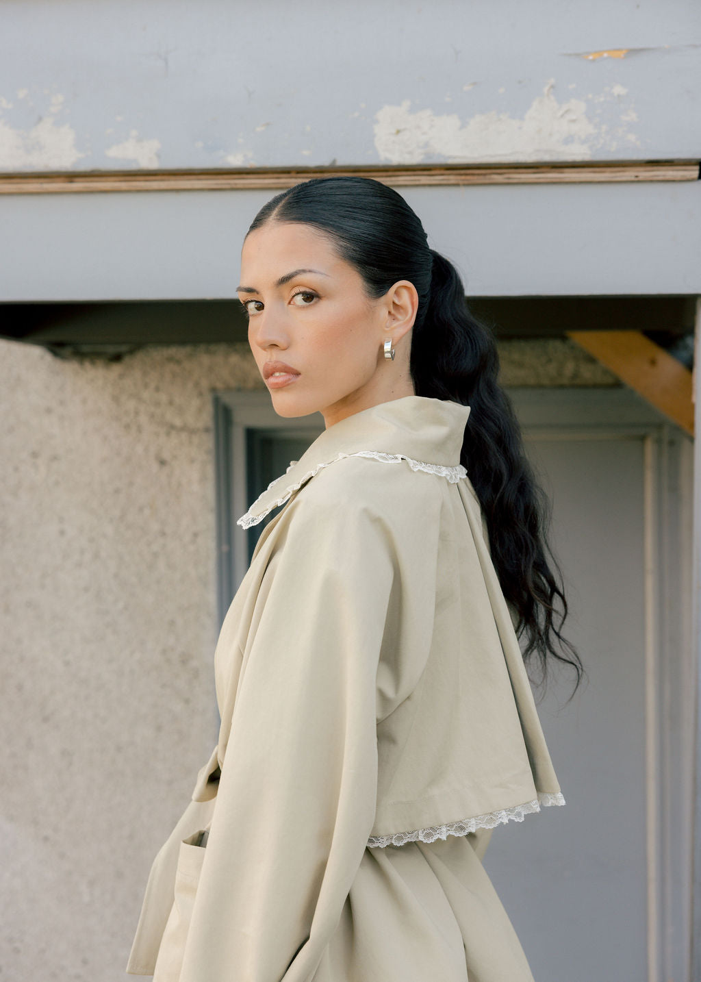 Stockholm Water-Resistant Cropped Trench with Lace Trim - Made in Canada-Jackets and Vests-abronzeage.com