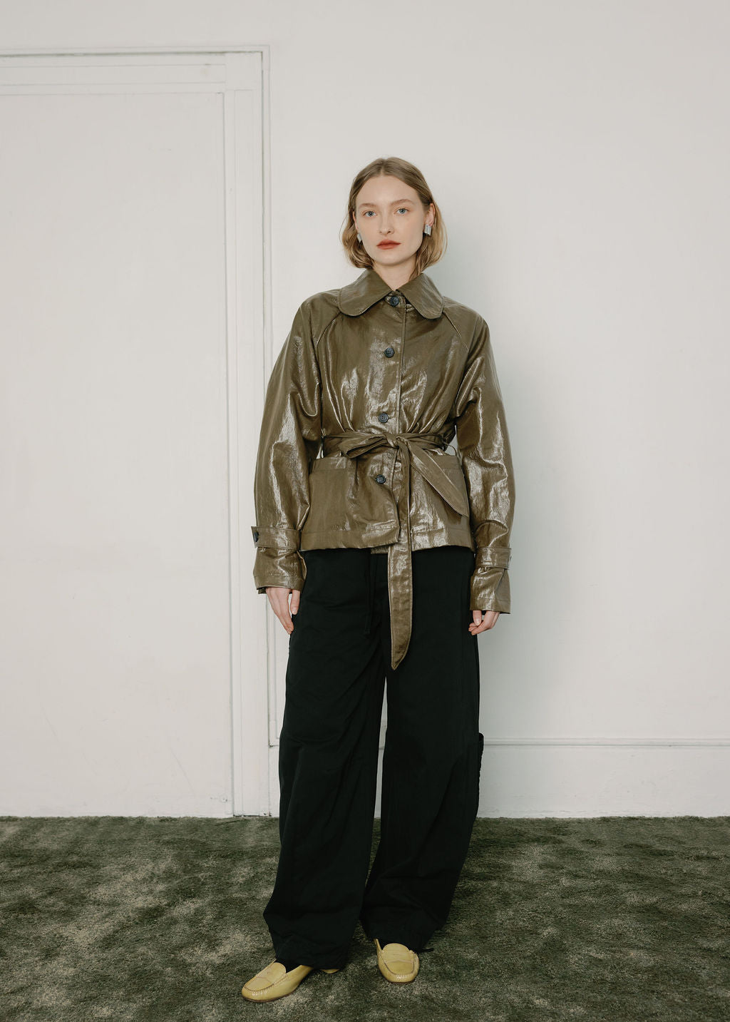 Stockholm Water-Resistant Cropped Trench with Lace Trim - Made in Canada-Jackets and Vests-Metallic Moss-XS-abronzeage.com