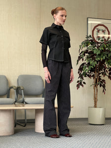 A Bronze Age Street Pant, Mid-Low Rise Drawcord Straight Leg Cotton Pants | Handcrafted in Vancouver Canada-Pants-Black Pencil Stripe-XS-abronzeage.com