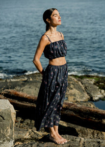 A Bronze Age Field Skirt, Midi Skirt Elastic Waist, Canada-Skirts-Navy Bouquet-XS-abronzeage.com