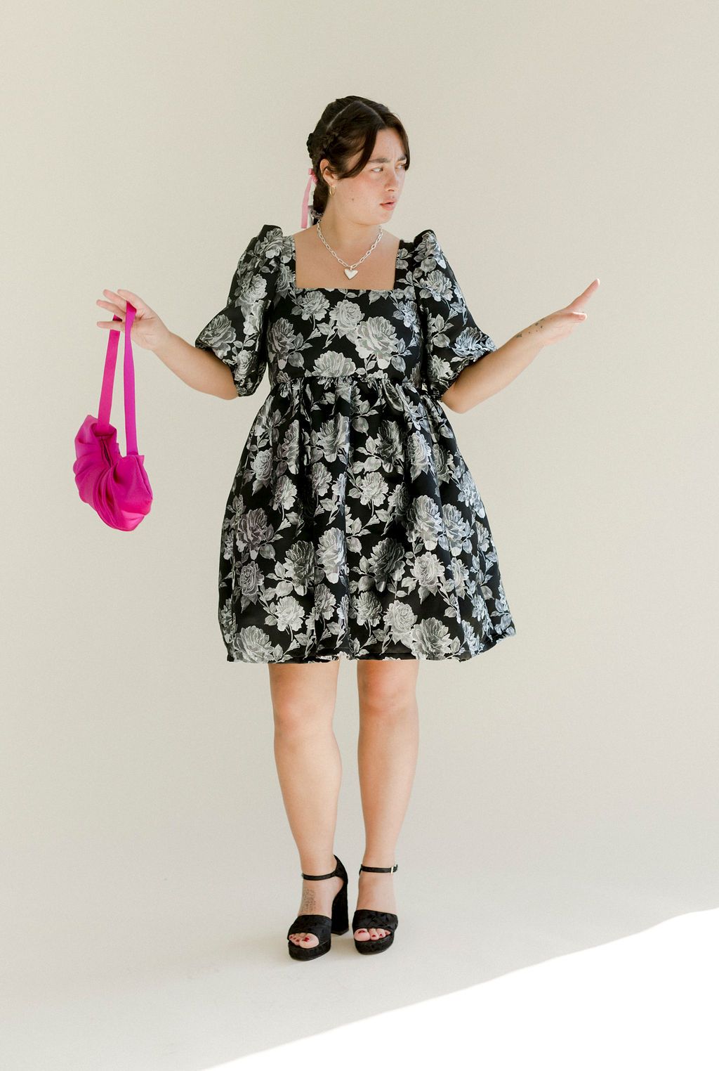 A Bronze Age Manon Mini Puff Dress, Babydoll Dress, Canada-Dresses-Silver Rose Taffeta-XS-abronzeage.com