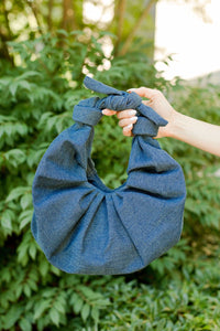 A Bronze Age XL Kimi Croissant Bag in Denim, Tie Handle Shoulder Bag, Canada-Handbags-Austin Denim-abronzeage.com