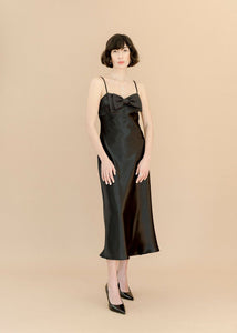 A Bronze Age Margot Satin Dress, Spaghetti Strap w/ Taffeta Bow, Canada-Dresses-Black Marielle Satin-XS-abronzeage.com