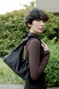 A Bronze Age Mini Y2K Tote, Ruffle Handle Evening Bag, Canada-Handbags-Black-abronzeage.com