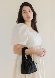 A Bronze Age Amy Purse, Ruffled Handle Satin Evening Bag, Canada-Handbags-Black-abronzeage.com