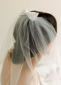 A Bronze Age Audrey Veil, Short Rounded Bridal Veil w/ Satin Bow, Canada-Hair-White Marielle Satin-abronzeage.com