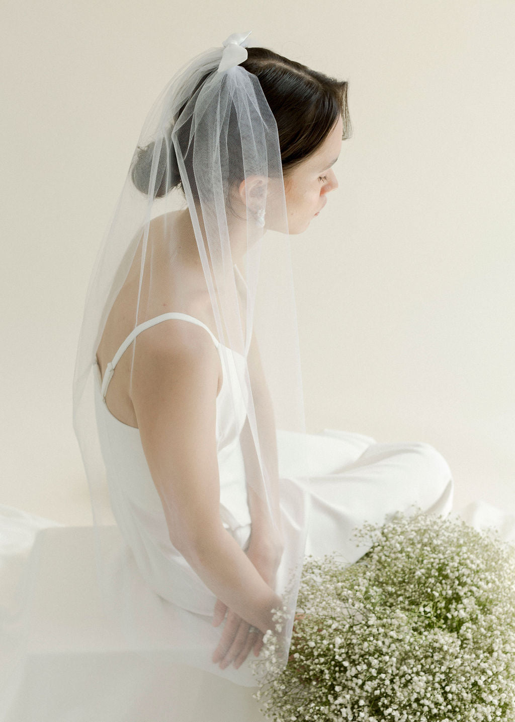 A Bronze Age Audrey Veil, Short Rounded Bridal Veil w/ Satin Bow, Canada-Hair-abronzeage.com
