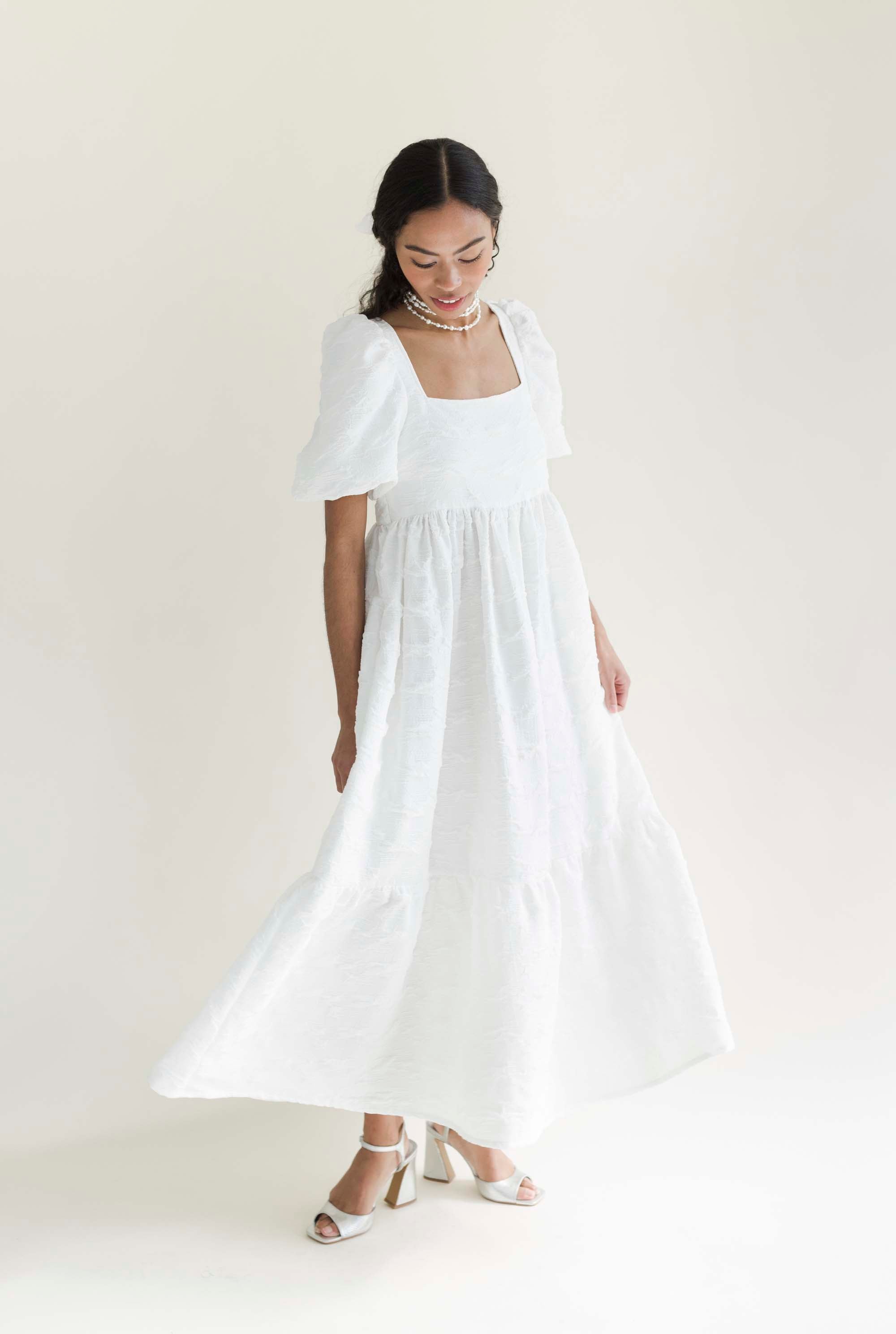 A Bronze Age Serenity Puff Dress in Crinkle Crepe, Short Sleeve Cotton Midi, Canada-Dresses-abronzeage.com