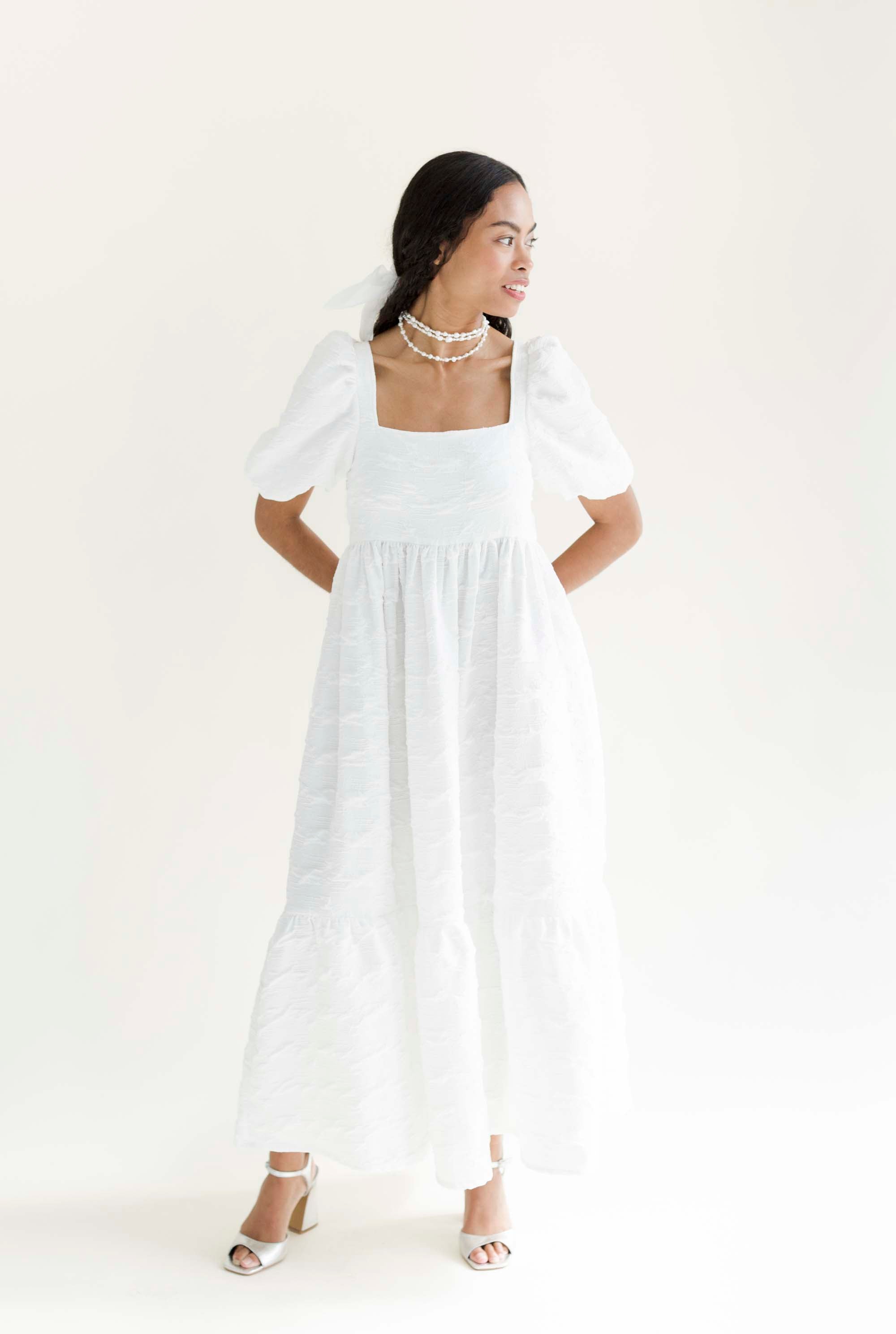 A Bronze Age Serenity Puff Dress in Crinkle Crepe, Short Sleeve Cotton Midi, Canada-Dresses-abronzeage.com