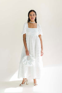 A Bronze Age Serenity Puff Dress in Crinkle Crepe, Short Sleeve Cotton Midi, Canada-Dresses-abronzeage.com