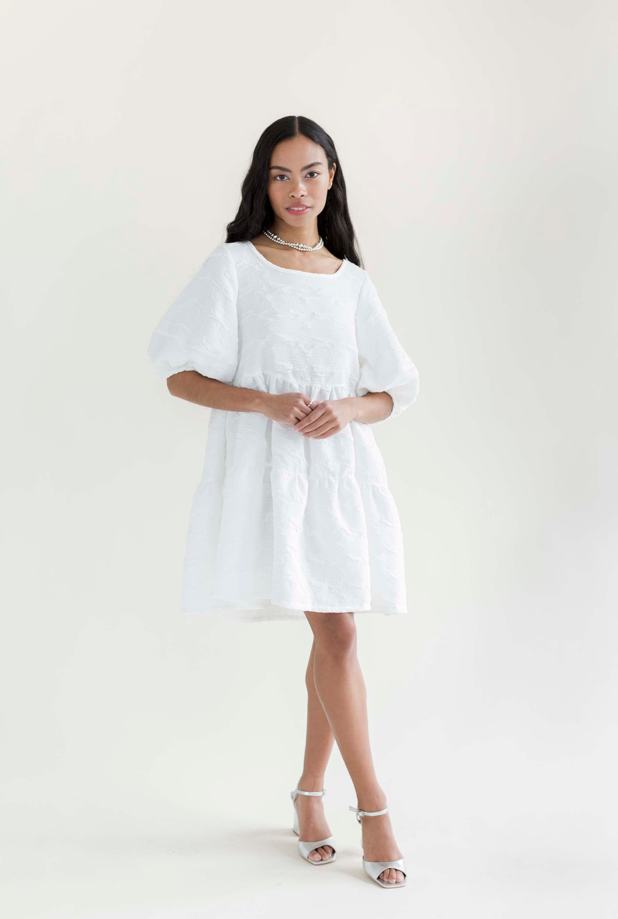A Bronze Age Nati Dress in Crinkle Crepe, Lantern Sleeve Tiered Dress, Canada-Dresses-abronzeage.com