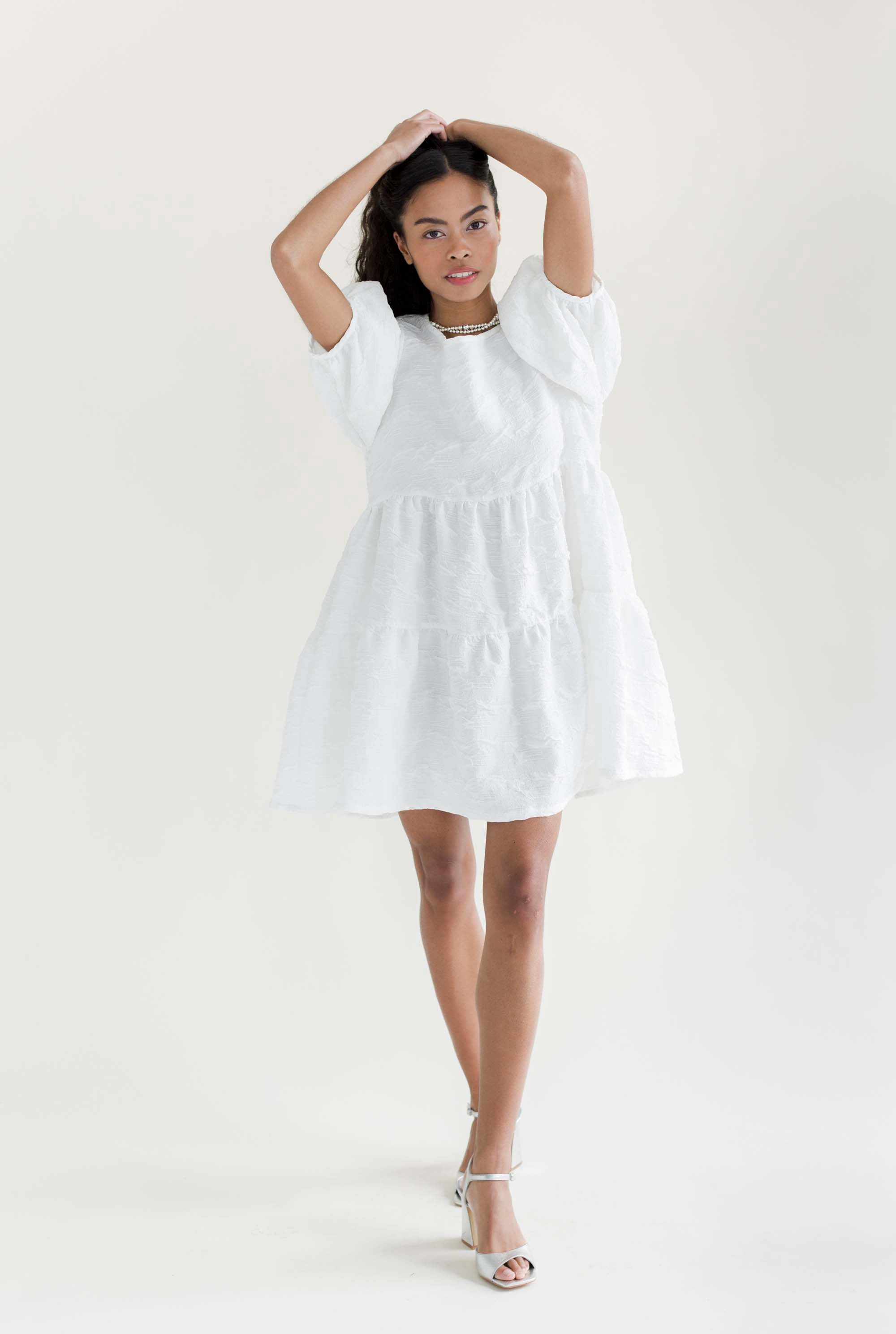 A Bronze Age Nati Dress in Crinkle Crepe, Lantern Sleeve Tiered Dress, Canada-Dresses-abronzeage.com