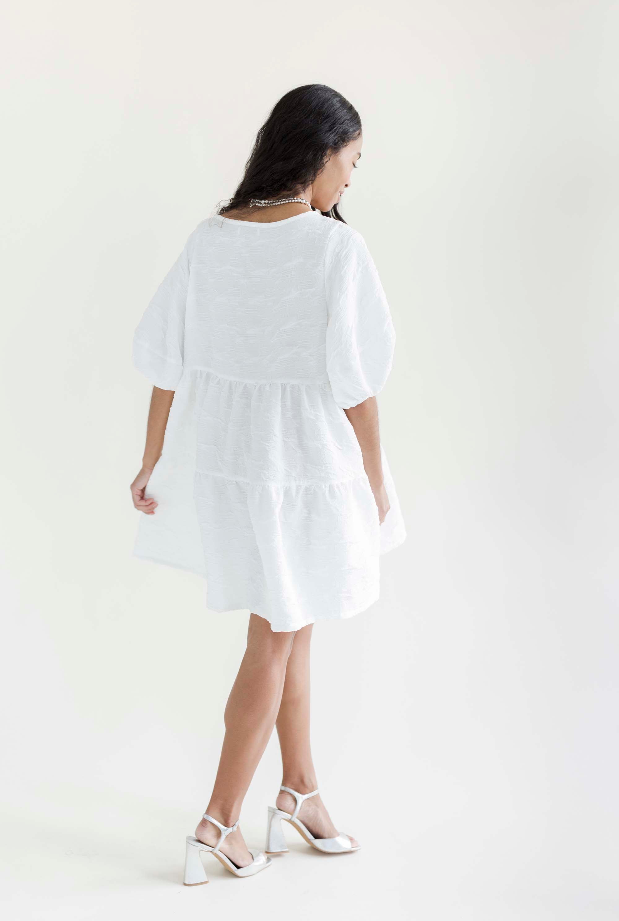 A Bronze Age Nati Dress in Crinkle Crepe, Lantern Sleeve Tiered Dress, Canada-Dresses-abronzeage.com