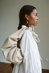 A Bronze Age XL Kimi Croissant Bag in Cotton, Tie Handle Shoulder Bag, Canada-Handbags-Sand-abronzeage.com