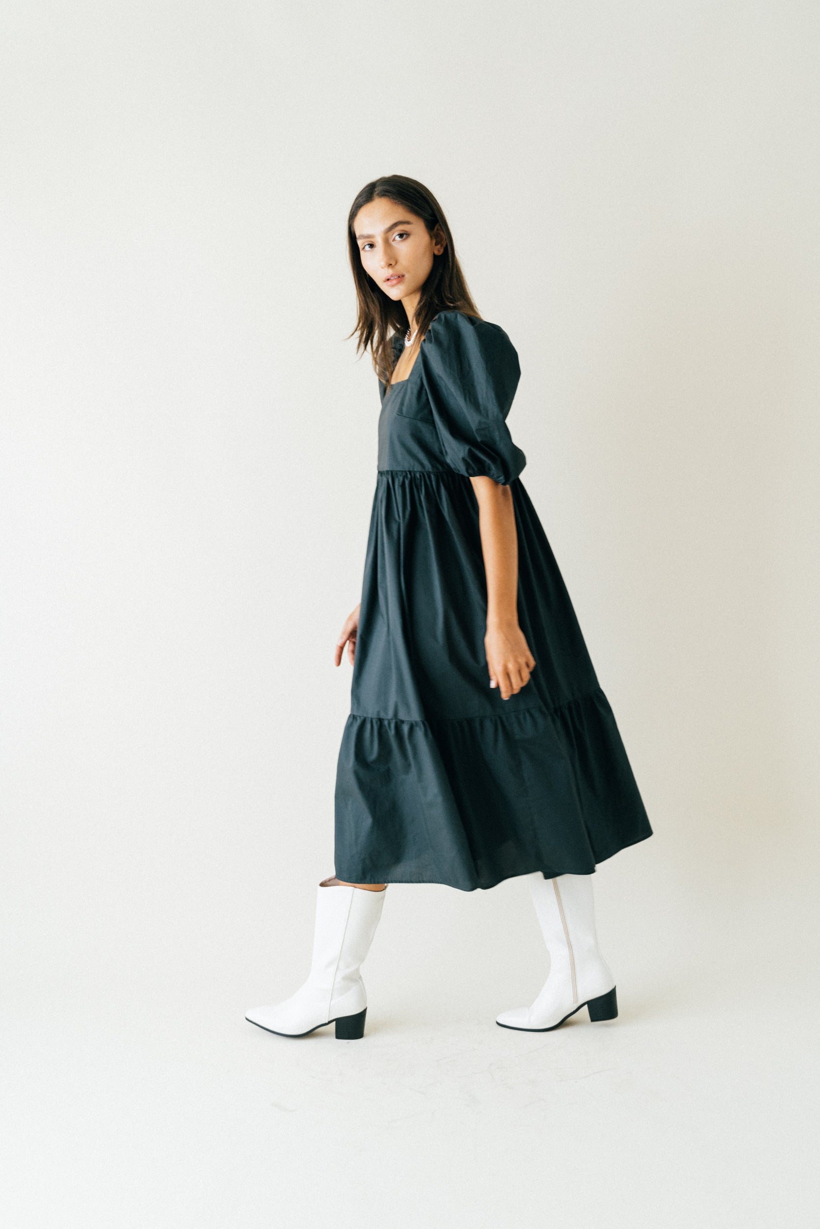 A Bronze Age Serenity Puff Dress, Short Sleeve Cotton Midi, Canada-Dresses-abronzeage.com