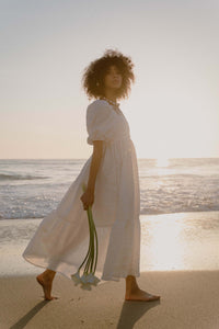 A Bronze Age Serenity Puff Dress in Crinkle Crepe, Short Sleeve Cotton Midi, Canada-Dresses-White Crepe-XS-abronzeage.com